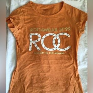 ROCAWEAR Womens Size M Orange Gold Babydoll T-Shirt “ROC No99"